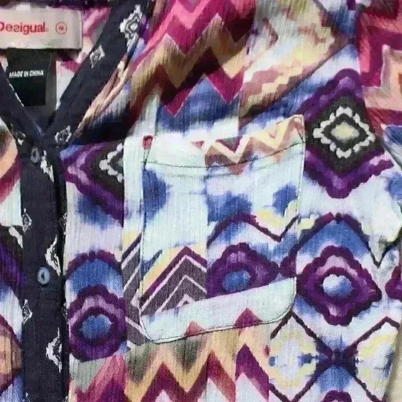 DESIGUAL Roll Tab Sleeve Aztec Pattern Crochet Button Up Blouse Top Women Medium - Picture 9 of 12